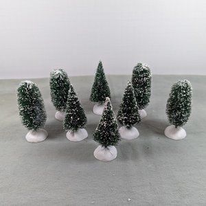 Set of 8 Department 56 frosted topiary trees - bottle brush trees & bushes